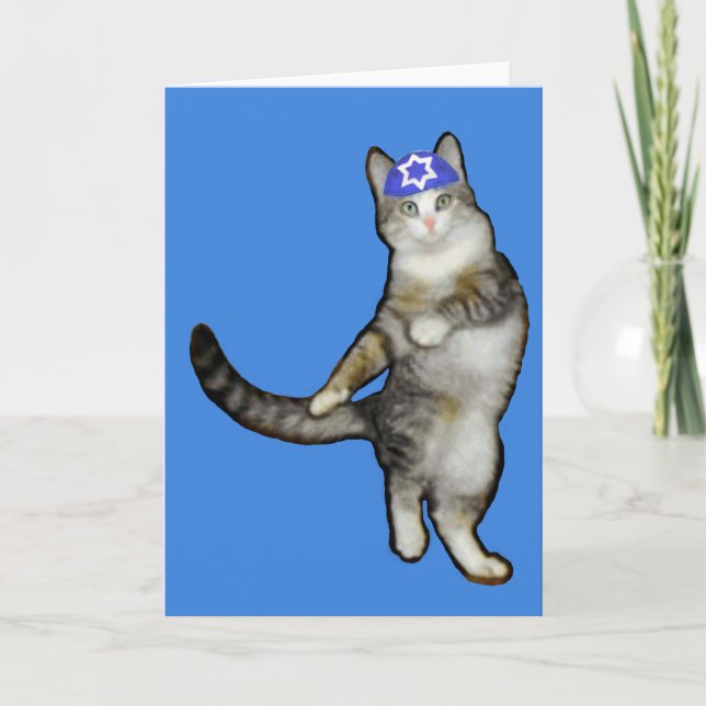 Cartão de Hanukkah para o gato da dança do menino (Frente)