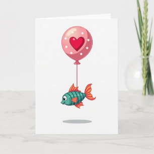Cartão de História de Amor do Peixe Azul com Balão