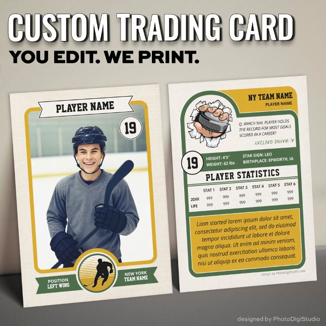 Cartão de Hóquei Personalizado, Cartão Vintage Pla (Vintage Custom Hockey Trading Card, Green Player Card)