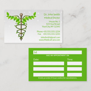 Cartão De Horário Caduceu Médico Alternativo Folhas Verdes Brancas