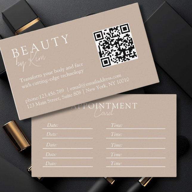 Cartão De Horário Castanho e Branco, Mínimo, Elegante, Salão, Código (Brown & White, Minimal, Elegant, Salon, QR-Code Appointment Card)