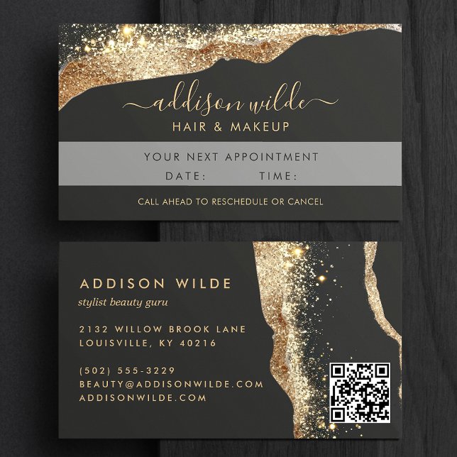 Cartão De Horário Código QR de Script Brilhante Preto e Dourado (Criador carregado)