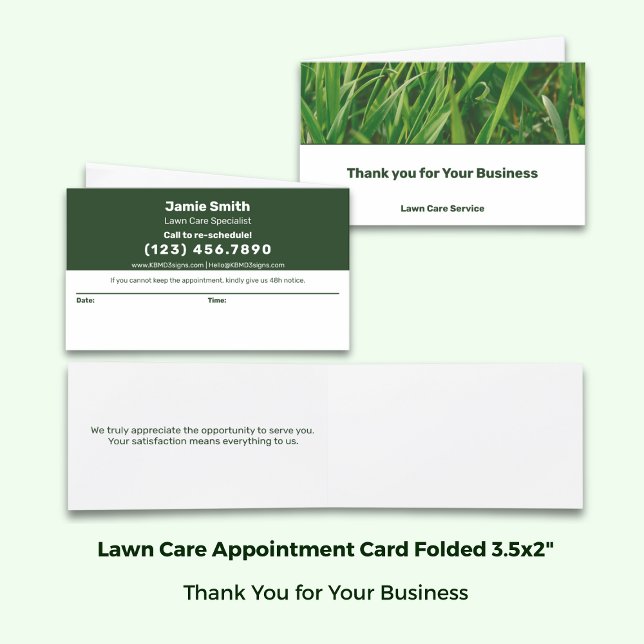 Cartão De Horário Cuidado com o Jardim Verde Branco Combinado Obriga (Lawn Care Green White Combined Thank You & Appointment Card; Folded Size 3.5x2 Inch)