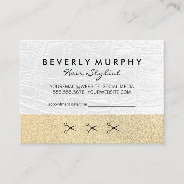 Cartão De Horário Dourada brilho / Couro Branco / Nomeação (Frente)