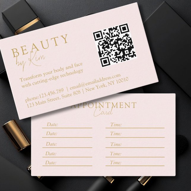 Cartão De Horário Dourado, Mínimo, Elegante, Salão, Código QR (Pink-Beige-Gold, Minimal, Elegant, Salon, QR-Code Appointment Card)