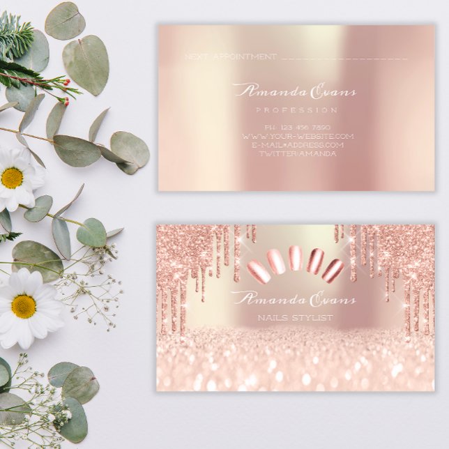 Cartão De Horário Drives de Artista do Spark Glitter Rosa Dourado (Spark Glitter Rose Gold Nails Artist Drips Appointment Card)