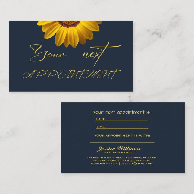 Cartão De Horário Flores amarelas no Monograma de fundo azul Marinho (Frente/Verso)