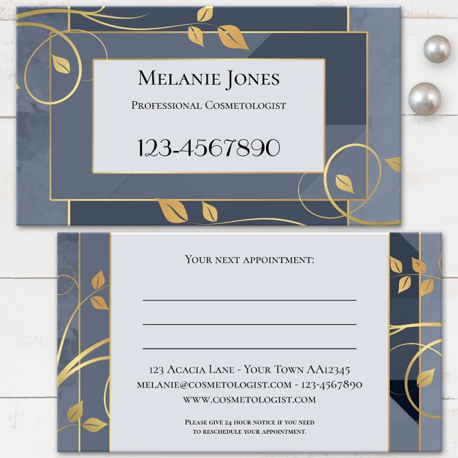 Cartão De Horário Folhas Douradas de Cinza Azul (Professional appointment business card featuring swirling golden leaves on blue grey geometric)