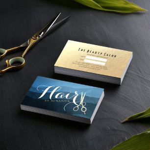 Cartão De Horário Hair Salon Hairstylist Tesoura Azul e Dourada Mode