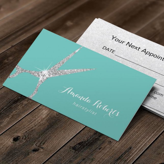 Cartão De Horário Hair Salon Modern Silver Shissor Nomeação de Teal (Criador carregado)