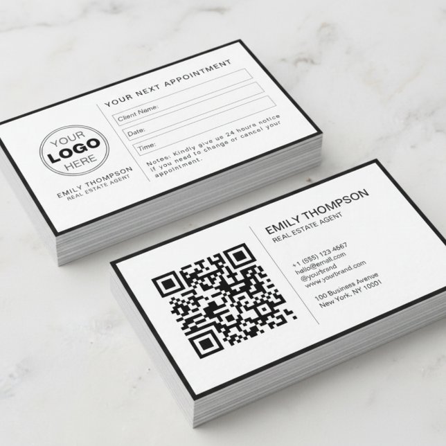 Cartão De Horário Lembrete de Compromisso com Código QR Preto e Bran (Minimalist QR Code Appointment Reminder Business Card)