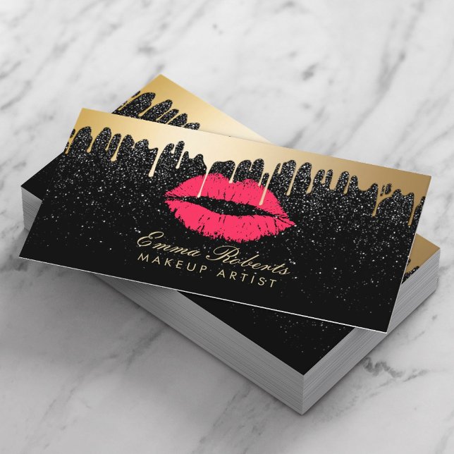 Cartão De Horário Makeup Artist Red Lábios Dourado Drips Nomeação (Criador carregado)