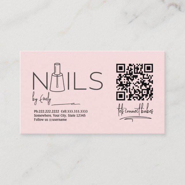 Cartão De Horário Manicurista do salão de unhas rosa com o código QR (Frente)