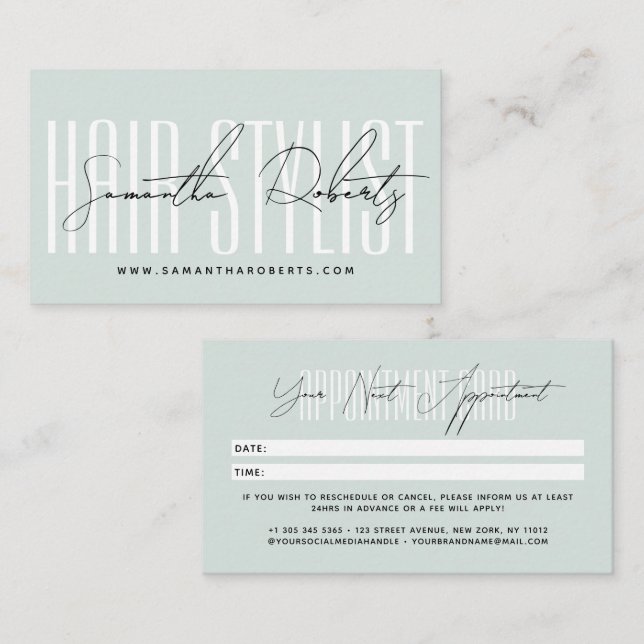 Cartão De Horário Modern hair stylist script typography blue (Frente/Verso)