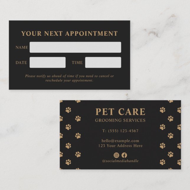 Cartão De Horário Modern Luxury Charcoal Golden Paw Pet Care (Frente/Verso)