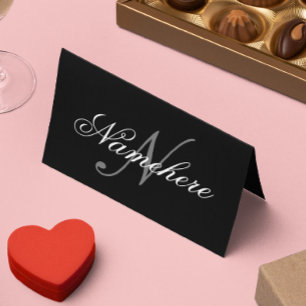 Cartão De Horário Monograma Personalizado Único de Nomes Preto e Bra