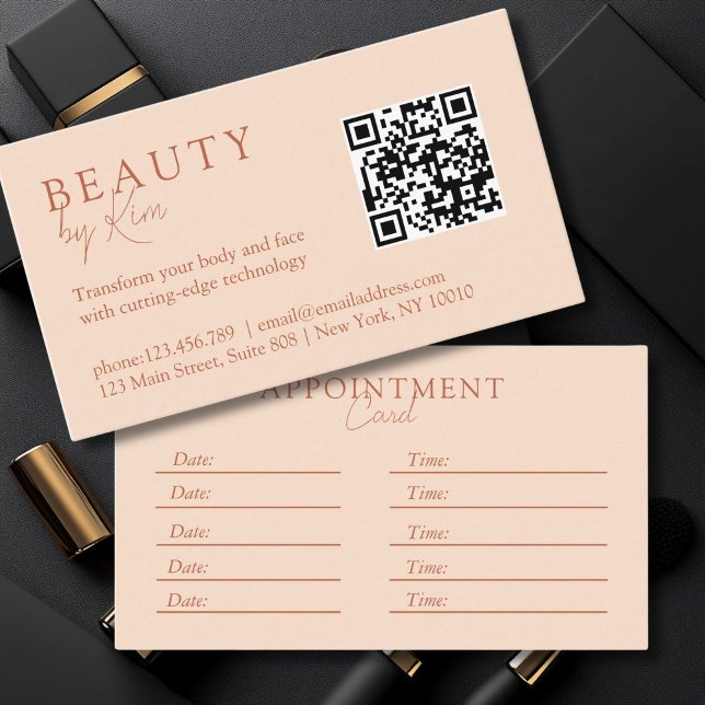 Cartão De Horário Pêssego, Mínimo, Elegante, Salão, Código QR (Peach, Minimal, Elegant, Salon, QR-Code Appointment Card)