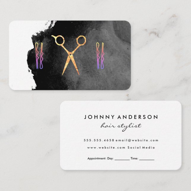 Cartão De Horário Pino do cabelo da tesoura | Preto-Aquarela (Frente/Verso)