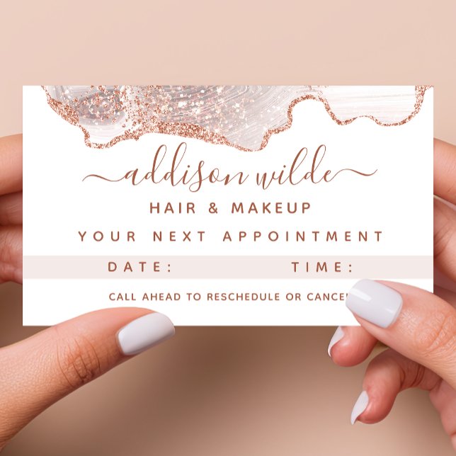 Cartão De Horário Rosa de Agato de Mármore Branco Chic (Criador carregado)