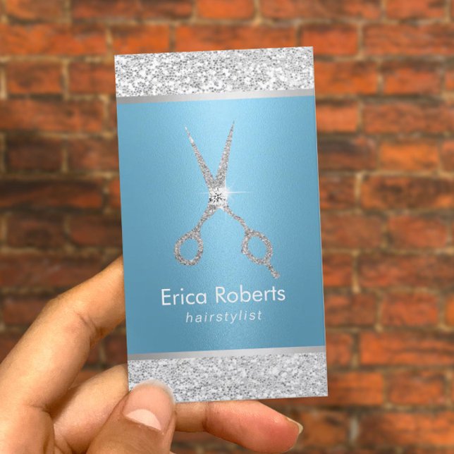 Cartão De Horário Salão de Sequências Azuis e Prateadas de Cabelo Es (Criador carregado)