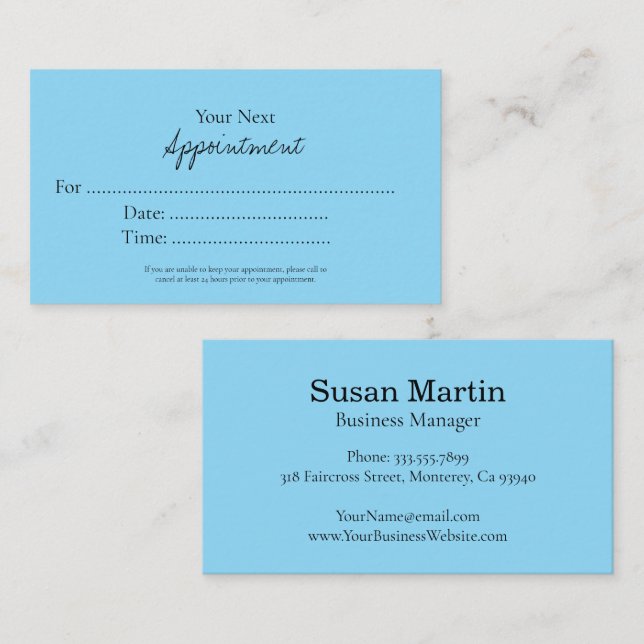 Cartão De Horário Simple Elegant Script Appointment Card (Frente/Verso)