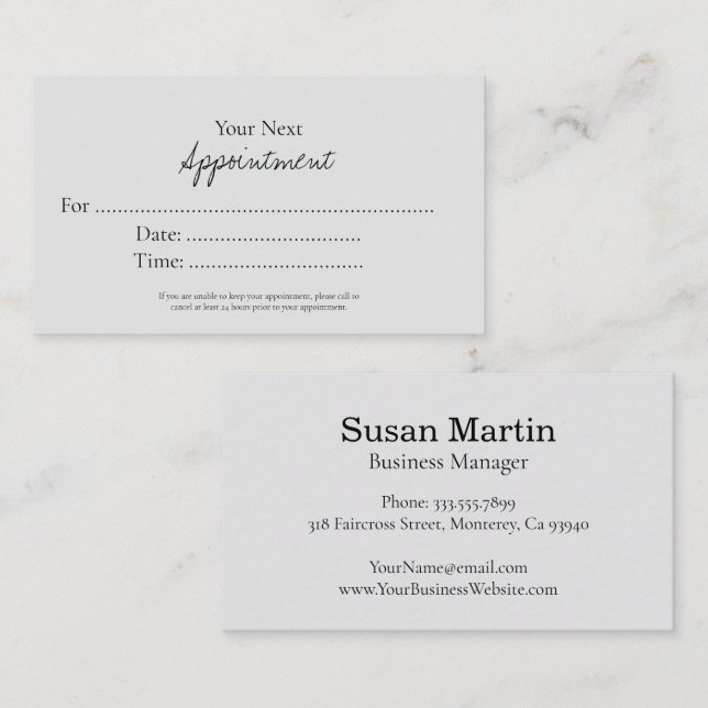 Cartão De Horário Simple Elegant Script Appointment Card (Frente/Verso)