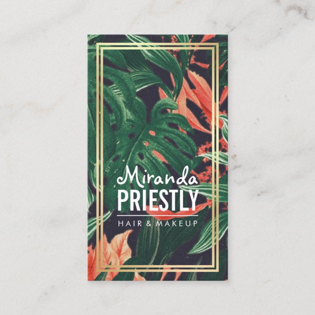 Cartão De Horário Tropical Floral Dourada Frame Makeup Beauon Salon (Frente)