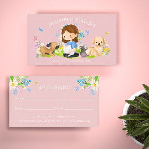 Cartão De Horário Watercolor Floral Dog & Cat Pet Care Services Pink
