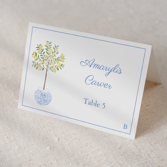 Cartão de Identificação de Local de Chá de Noiva c (Individual place cards for wedding or baby boy shower featuring lemon tree in chinoiserie planter)