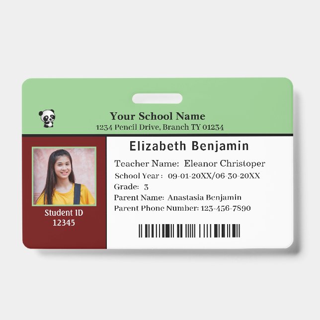 Cartão de Identificação do Aluno ID Crachá Escolar (Frente)