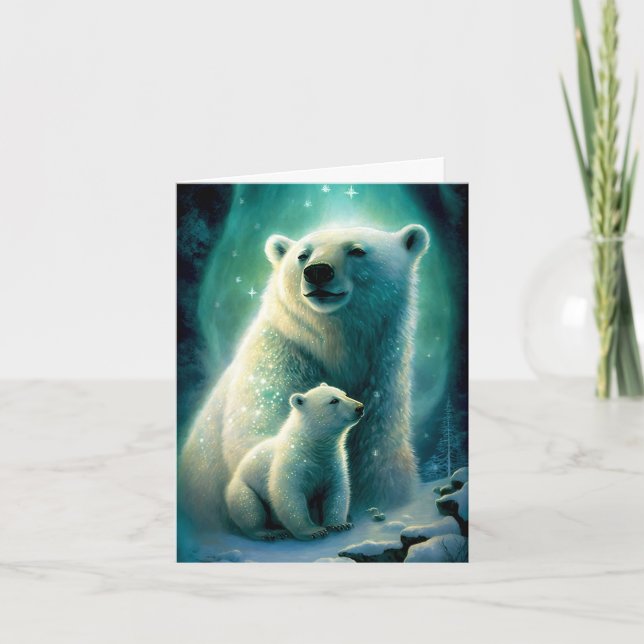 Cartão de ilustração de adorável mãe-ursa polar e  (Frente)