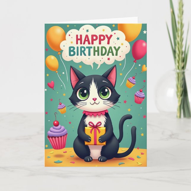 Cartão de Ilustração de Gato Alegre (Frente)