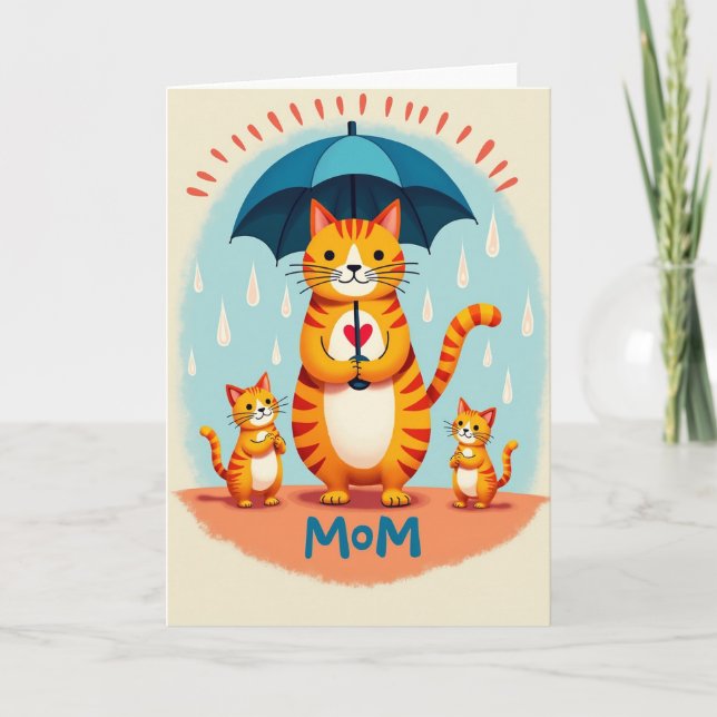 Cartão de Ilustração Felina de Mãe Protetora (Frente)
