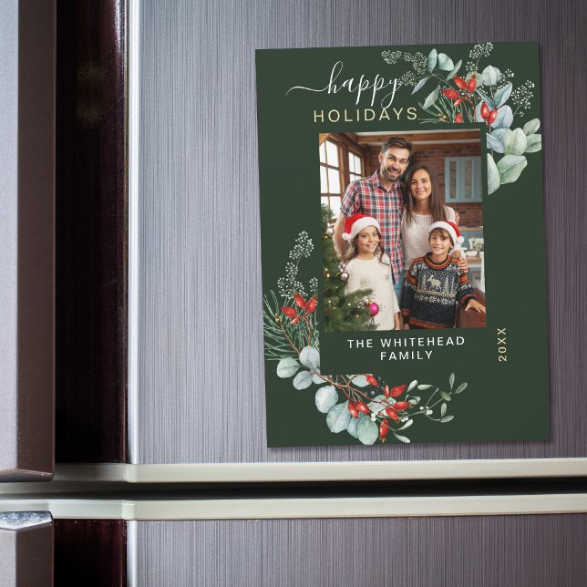 Cartão de Ímã de Foto de Natal Botânico Verde Mode (You will love these beautiful Christmas cards! They feature botanical watercolor pine and berries.)