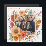 Cartão de Imagem de Ação de Graças da Família Flor<br><div class="desc">Este belo cartão de foto da família de Ação de Graças floral apresenta sua fotografia quadrada favorita cercada por lindas flores e folhas de outono de aquarela. Personalize esses cartões magnéticos com suas bênçãos de queda ou mensagem de feriado em laranja sob o design de outono.</div>