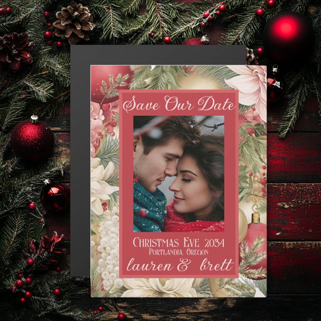 Cartão de Imagem de Casamento da Véspera de Natal  (Traditional Christmas Eve Save the Date Magnet Card-  Perfect for Holiday Weddings)