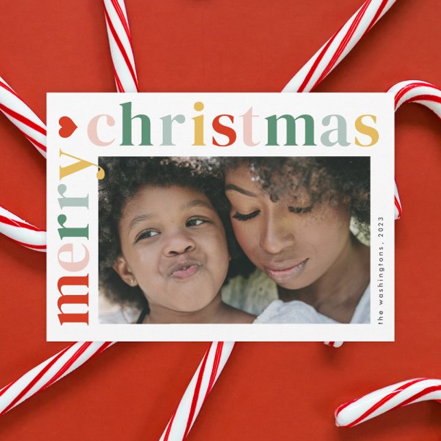 Cartão de Imagem de Natal Feliz e Colorido Moderno (A modern colorful typography 2 photo merry Christmas holiday card.)