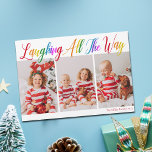 Cartão de Imagem Fotográfica 3º Natal Cheio<br><div class="desc">Belo e colorido cartão mágico de 3 fotos de Natal com Laughing All the Way em bonito escrita cursiva de arco-íris. Personalize com suas três fotografias de família vertical favoritas de seus filhos sorridentes acima do seu nome ou saudação personalizada em vermelho. Cartões magnéticos divertidos e alegres.</div>