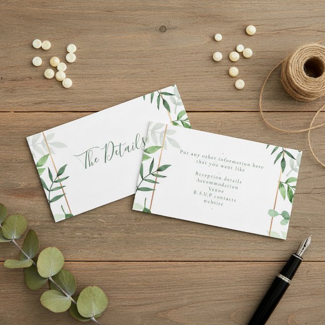 Cartão de inclusão de casamento de folhas verdes " (Green leaves "the details" wedding enclosure card.)
