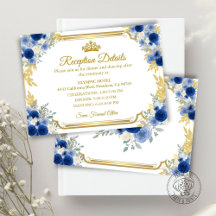 Cartão de Inclusão Floral Azul Dourado de Quincean