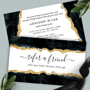 Cartão De Indicação Aquarela Elegante Preto e Dourado