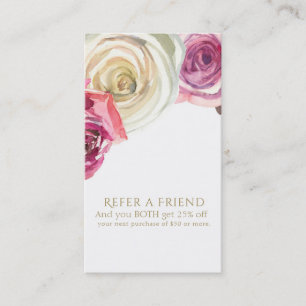 Cartão De Indicação Aquarela Rosas Rosa Branco Floral Indique um Amigo
