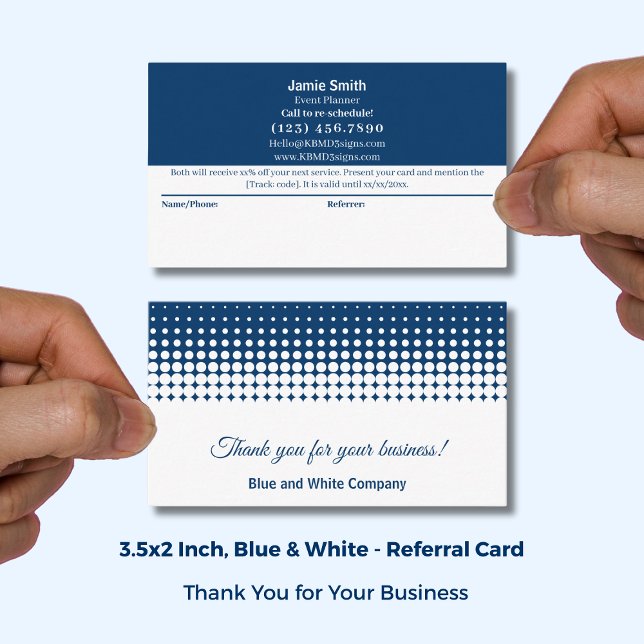 Cartão De Indicação Azul e Branco Moderno Combo Obrigado & (Blue and White Modern Combo Thank You & Referral Card; Size: 3.5x2 Inch)