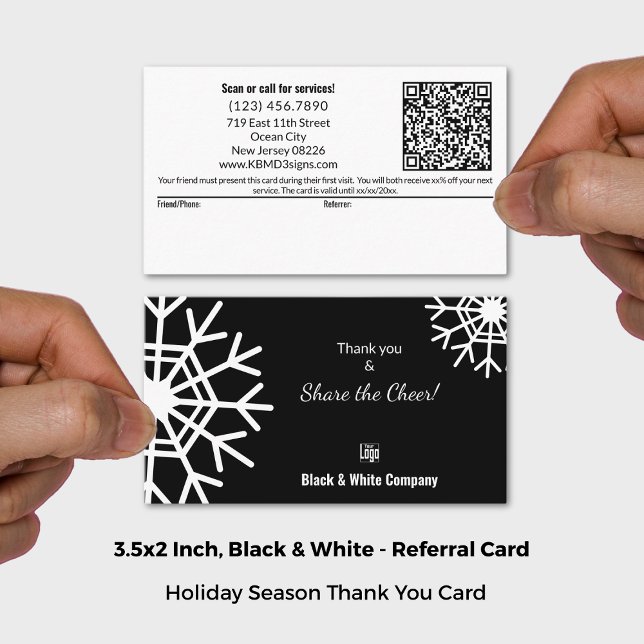 Cartão De Indicação Bônus de Natal preto e branco Obrigado (Snowflake Black & White Share The Cheer Thank You Referral Card; Size 3.5x2 Inch (US))