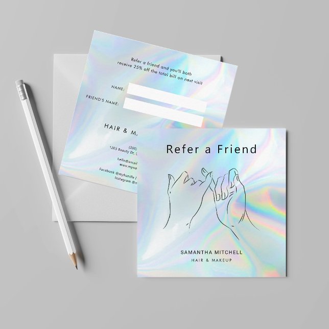 Cartão De Indicação Consulte uma Beleza Holográfica Amiga e Makeup (Refer A Friend Yoga Holographic Business Square Card)