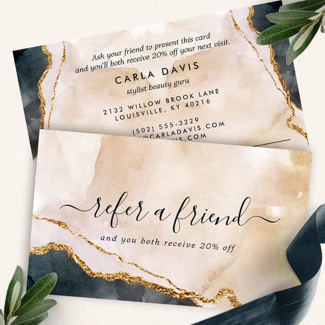 Cartão De Indicação Cor de água Dourada do mármore preto rosa moderna (Criador carregado)