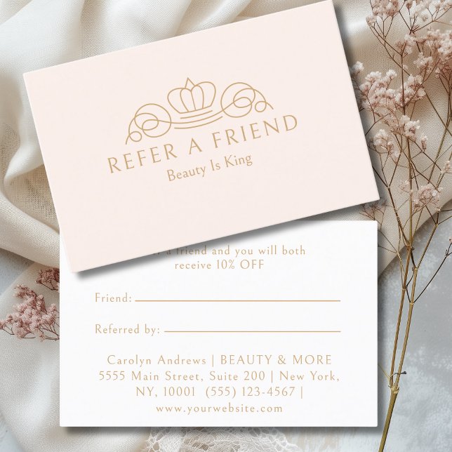 Cartão De Indicação Elegant Crown Logo Salon Blush Beige (Elegant Crown Logo Salon Blush Pink Referral Card)