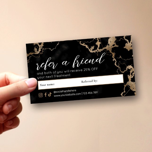 Cartão De Indicação Elegant Script Gold & Black Marble Beauty Salon (Elegant black and gold marble Refer a Friend discount cards with fully customizable text)