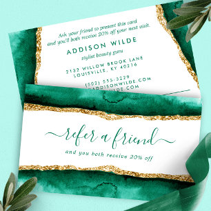 Cartão De Indicação Elegante Aquarela Verde Esmeralda e Dourado