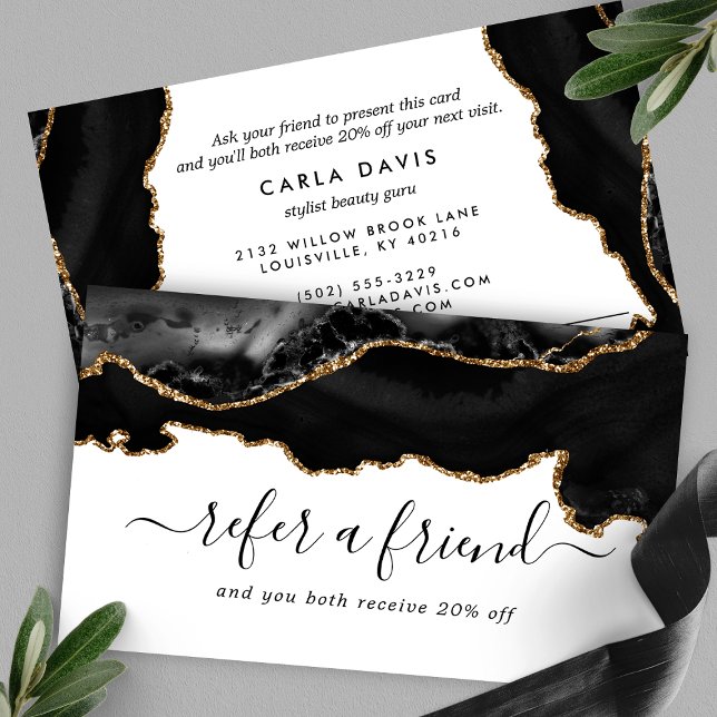 Cartão De Indicação Elegante Black Dourado Agate Marble Modern (Criador carregado)